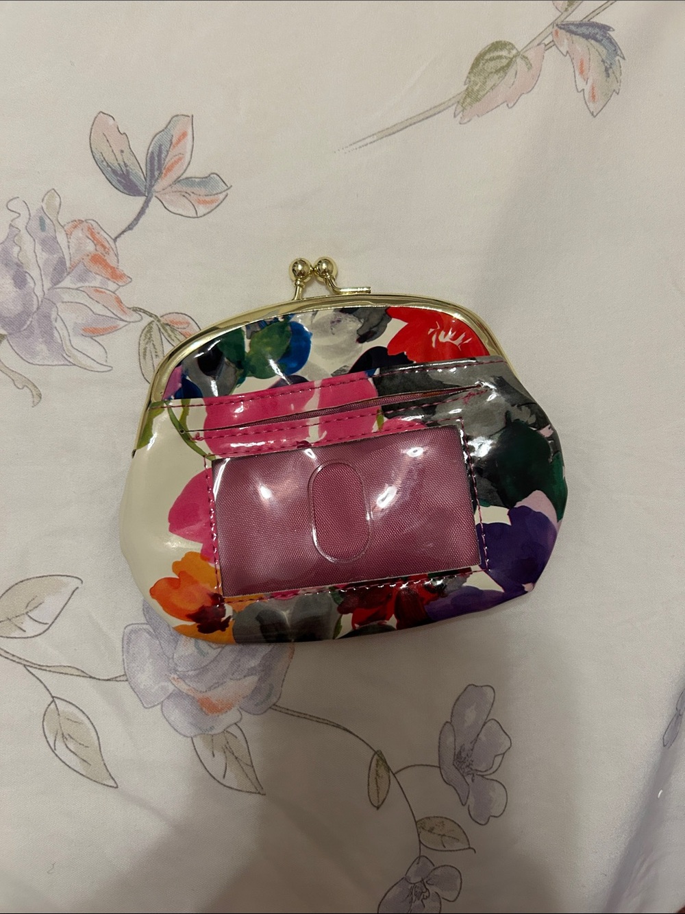 Floral Patent Coin Purse with Pink ID Window